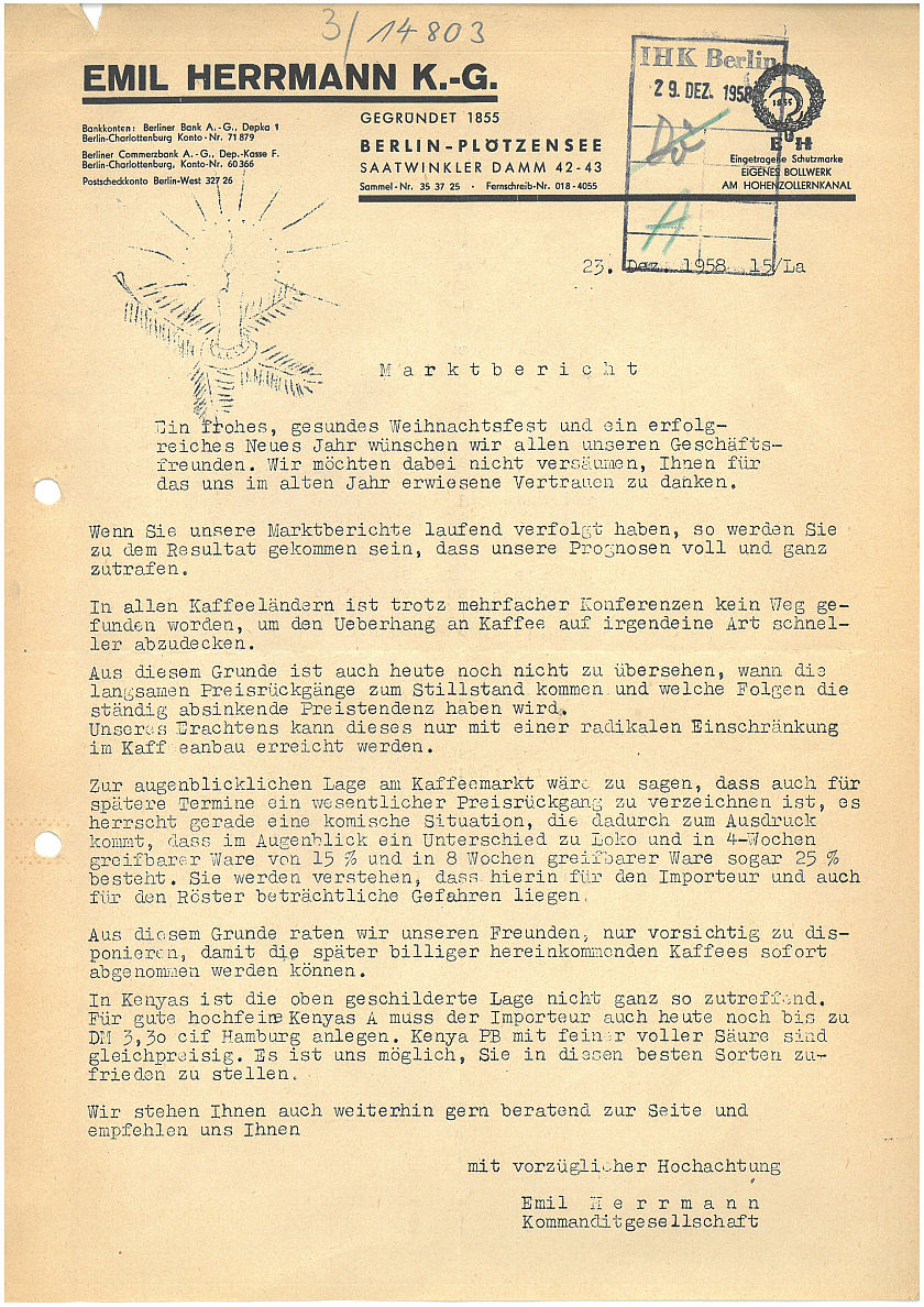 Weihnachtlicher Marktbericht der Emil Herrmann KG zum Thema "billliger Kaffee" (BBWA K1/01/014 803)